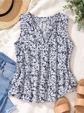 GAP Navy White Floral Sleeveless Split Neck Blouse M